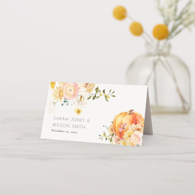 Rustic Floral Orange Autumn Pumpkin Wedding Place Card (Front)