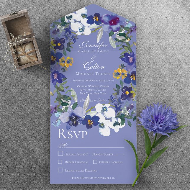 Rustic Floral Orchid Wreath Periwinkle Dinner All In One Invitation (Creator Uploaded)