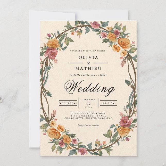 Rustic Floral Oval Border Wedding Invitation (Front)