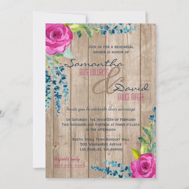 Rustic Floral Painted Wood Rehearsal Dinner Invite (Front)