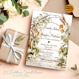 Rustic Floral Palm Arch Tropical Beach Wedding Invitation