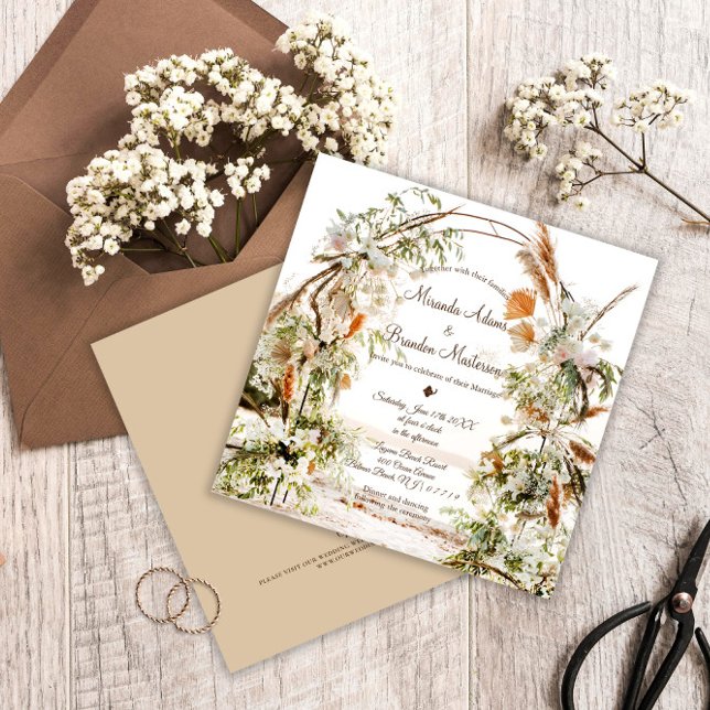 Rustic Floral Palm Arch Tropical Beach Wedding Invitation (Creator Uploaded)