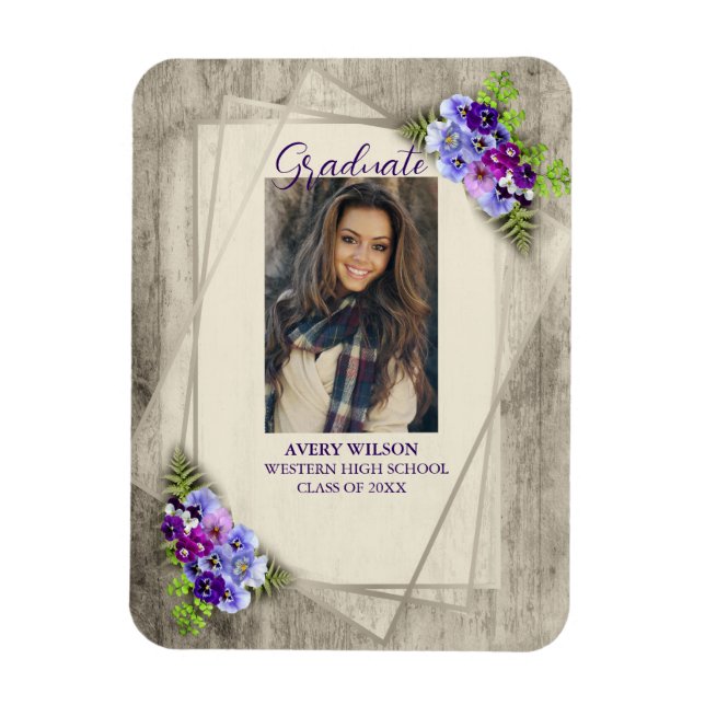 Rustic Floral Pansy Photo Graduation Magnet (Vertical)
