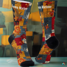 Rustic Floral Patchwork Socks – Custom Red & Navy