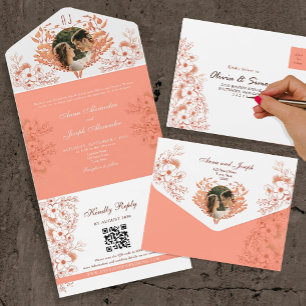 Rustic Floral Peach Wedding All In One Invitation