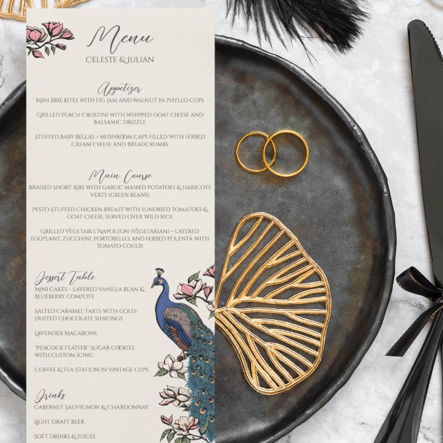 Rustic Floral Peacock Bird Wedding Menu (Rustic Elegant Ivory Peacock Chinoiserie Wedding Menu for Wedding, Bridal Shower, Rehearsal Dinner.)
