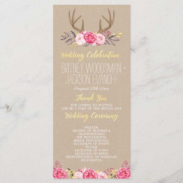 Rustic Floral Peony & Deer Antler Wedding Programs Programme (Front)
