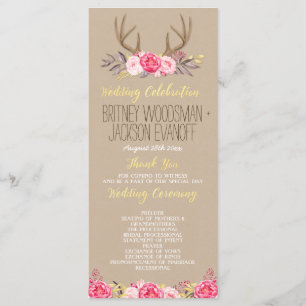 Rustic Floral Peony & Deer Antler Wedding Programs Programme