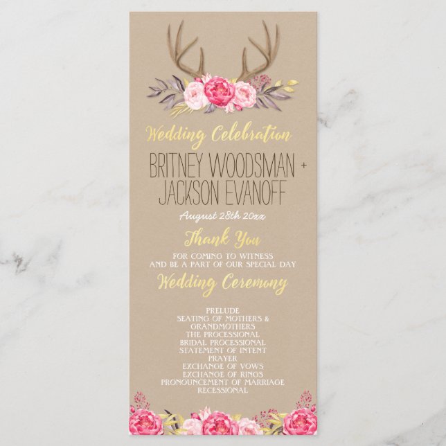 Rustic Floral Peony & Deer Antler Wedding Programs Programme (Front)