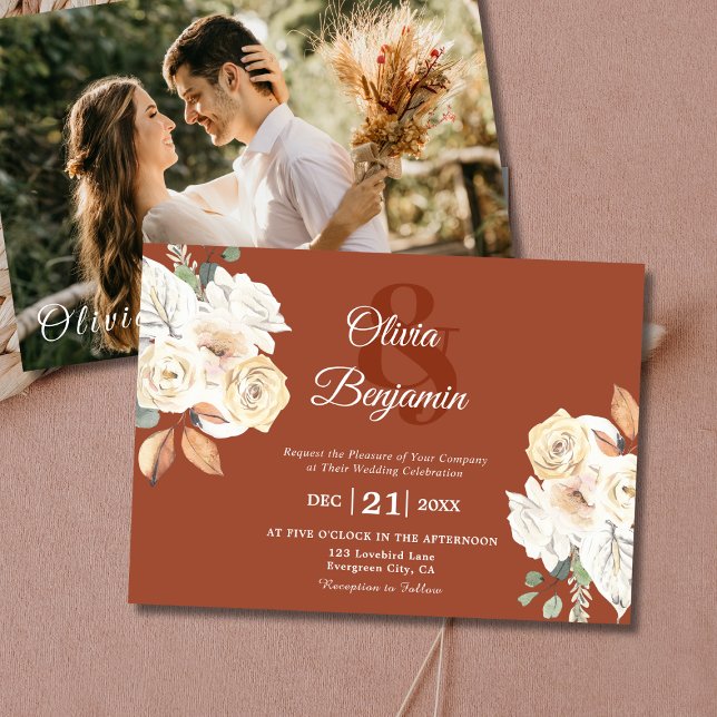 Rustic Floral Photo Burnt Orange Wedding Invitation (Rustic Floral Photo Burnt Orange Wedding Invitation )