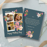Rustic Floral Photo Collage Mother's Day Holiday Card<br><div class="desc">Give Mom a gift that feels as warm as a summer afternoon. This elegant Mother’s Day card features a beautiful three-photo collage, allowing you to showcase your favorite moments—from quiet hugs to playful walks in the meadow. Set against a sophisticated deep teal background, the design is accented with hand-drawn botanical...</div>