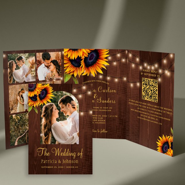 Rustic floral photo collage QR RSVP wedding Tri-Fold Invitation (Creator Uploaded)
