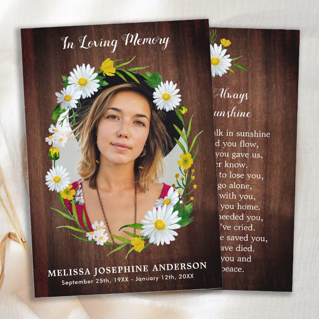 Rustic Floral Photo Memorial Prayer Card Funeral  (Creator Uploaded)