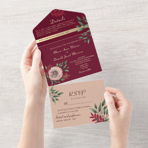 Rustic Floral Pink and Burgundy Wedding All In One Invitation