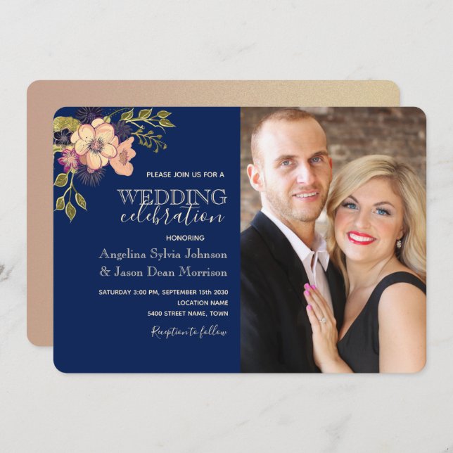Rustic Floral Pink Navy Blue Photo Wedding Invitation (Front/Back)