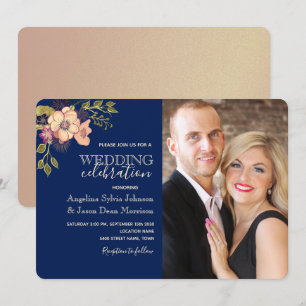 Rustic Floral Pink Navy Blue Photo Wedding Invitation