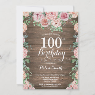 Rustic Floral Pink Peonies 100th Birthday Invitation
