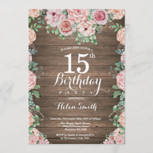 Rustic Floral Pink Peonies 15th Birthday Invitation
