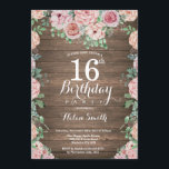 Rustic Floral Pink Peonies 16th Birthday Invitation<br><div class="desc">Rustic Floral Pink Peonies 16th Birthday Invitation for Girl. Watercolor Floral Flower. Elegant Pink Rose and Peony Flowers. Kids Birthday. Rustic Wood Background. Country Vintage Retro. 13th 15th 16th 18th 20th 21st 30th 40th 50th 60th 70th 80th 90th 100th, Any Ages. For further customisation, please click the "Customise it" button...</div>