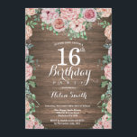 Rustic Floral Pink Peonies 16th Birthday Invitation<br><div class="desc">Rustic Floral Pink Peonies 16th Birthday Invitation for Girl. Watercolor Floral Flower. Elegant Pink Rose and Peony Flowers. Kids Birthday. Rustic Wood Background. Country Vintage Retro. 13th 15th 16th 18th 20th 21st 30th 40th 50th 60th 70th 80th 90th 100th, Any Ages. For further customisation, please click the "Customise it" button...</div>