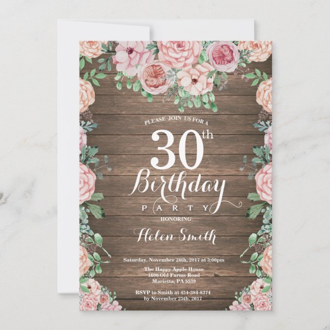 Rustic Floral Pink Peonies 30th Birthday Invitation (Front)