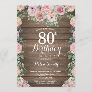 Rustic Floral Pink Peonies 80th Birthday Invitation
