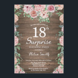 Rustic Floral Pink Peonies Surprise 18th Birthday Invitation<br><div class="desc">Rustic Floral Pink Peonies Surprise 18th Birthday Invitation for Women. Watercolor Floral Flower. Elegant Pink Rose and Peony Flowers. Adult Birthday. Rustic Wood Background. Country Vintage Retro. 13th 15th 16th 18th 20th 21st 30th 40th 50th 60th 70th 80th 90th 100th, Any Ages. For further customisation, please click the "Customise it"...</div>