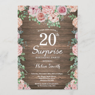 Rustic Floral Pink Peonies Surprise 20th Birthday Invitation