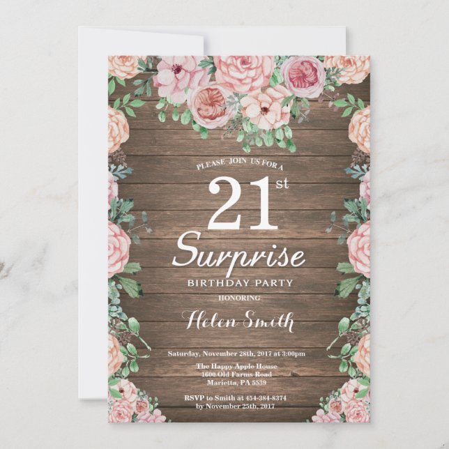 Rustic Floral Pink Peonies Surprise 21st Birthday Invitation (Front)