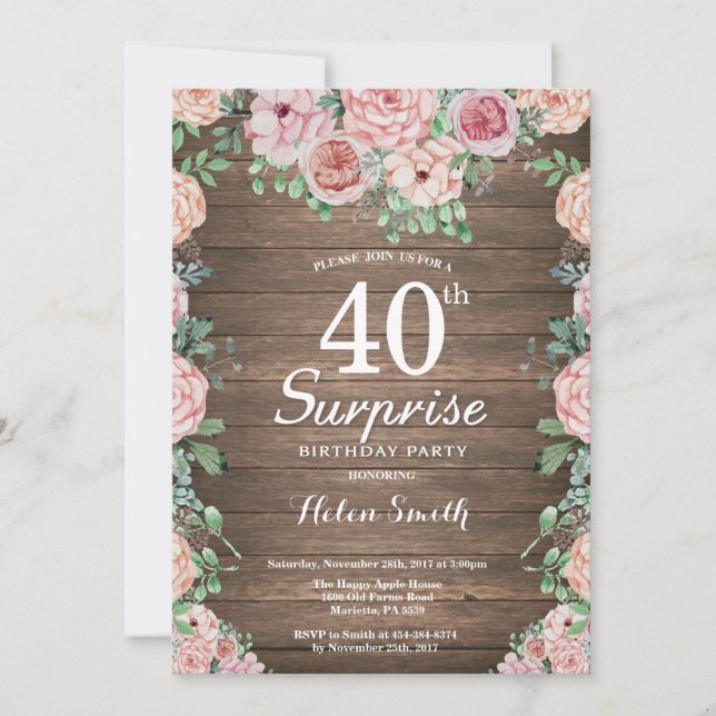 Rustic Floral Pink Peonies Surprise 40th Birthday Invitation (Front)