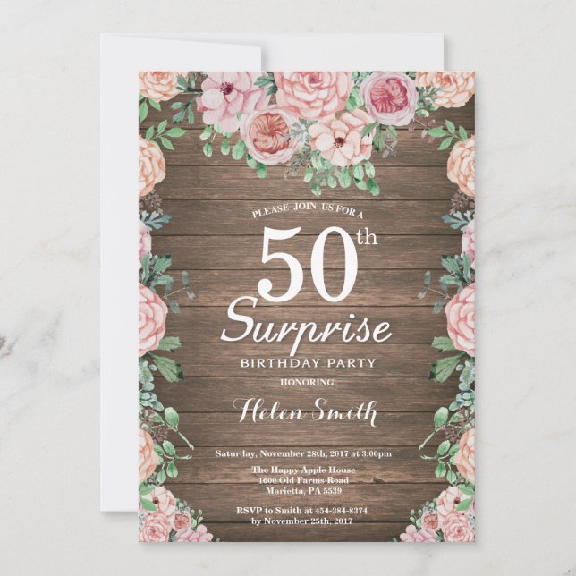 Rustic Floral Pink Peonies Surprise 50th Birthday Invitation (Front)