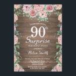 Rustic Floral Pink Peonies Surprise 90th Birthday Invitation<br><div class="desc">Rustic Floral Pink Peonies Surprise 90th Birthday Invitation for Women. Watercolor Floral Flower. Elegant Pink Rose and Peony Flowers. Adult Birthday. Rustic Wood Background. Country Vintage Retro. 13th 15th 16th 18th 20th 21st 30th 40th 50th 60th 70th 80th 90th 100th, Any Ages. For further customisation, please click the "Customise it"...</div>
