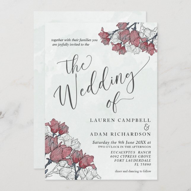 Rustic Floral Pink & Sage Green Watercolor Wedding Invitation (Front/Back)
