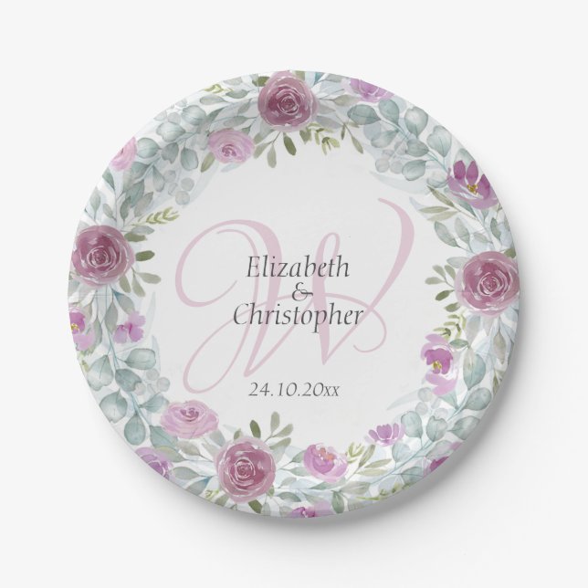 Rustic Floral Pink & White Watercolor wedding Paper Plate (Front)