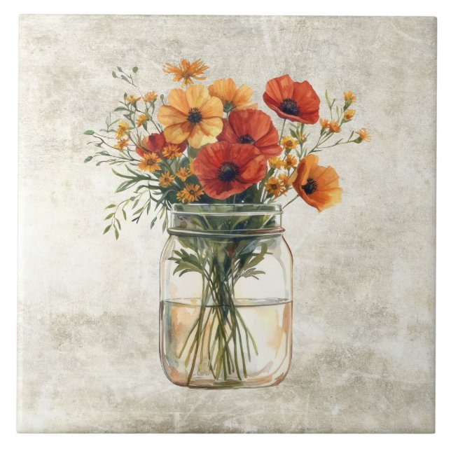 Rustic Floral Poppies in Vintage Jar  Tile (Front)