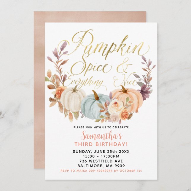 Rustic Floral Pumpkin Birthday Invitation (Front/Back)