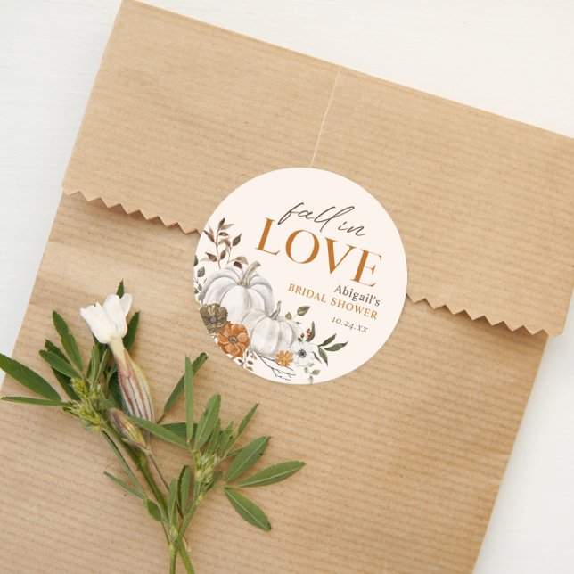 Rustic Floral Pumpkin Bridal Shower  Classic Round Sticker (Rustic Floral Pumpkin Bridal Shower Round Sticker Autumn Gift Tag Label)