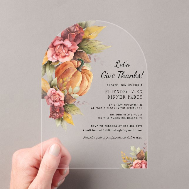 Rustic Floral Pumpkin Friendsgiving Thanksgiving Acrylic Invitations (Insitu (Handheld))