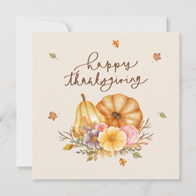 Rustic Floral Pumpkin Happy Thanksgiving Card (Front)