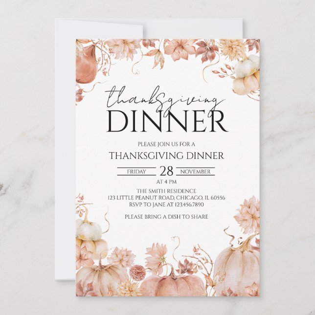 Rustic Floral Pumpkin Thanksgiving Dinner Invitation (Front)