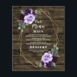 Rustic Floral Purple and Gold Wedding Menu Cards<br><div class="desc">Feature a natural brown barn or wood grain background decorated with a printed gold geometric frame that's trimmed with greenery,  eucalyptus and floral elements in shades of purples -- Marsala,  violet,  burgundy,  lavender and more. View the matching collection on this page to find coordinating items.</div>