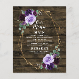 Rustic Floral Purple and Gold Wedding Menu Cards