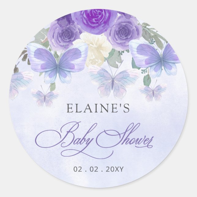Rustic Floral Purple Lilac Butterflies Baby Shower Classic Round Sticker (Front)