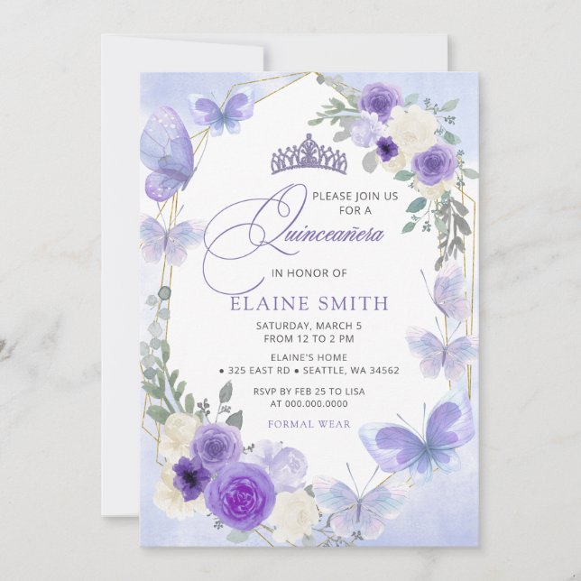 Rustic Floral Purple Lilac Butterflies Quinceanera Invitation (Front)