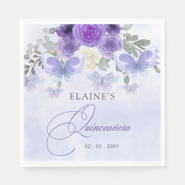 Rustic Floral Purple Lilac Butterflies Quinceanera Napkin (Front)