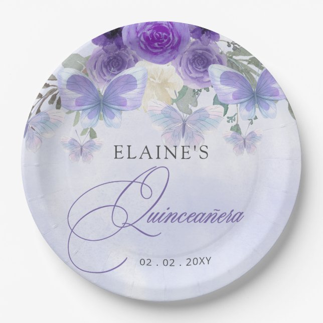 Rustic Floral Purple Lilac Butterflies Quinceanera Paper Plate (Front)