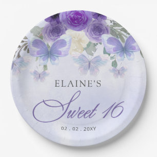 Rustic Floral Purple Lilac Butterflies Sweet 16 Paper Plate