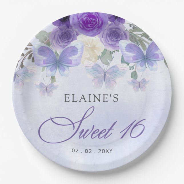 Rustic Floral Purple Lilac Butterflies Sweet 16 Paper Plate (Front)