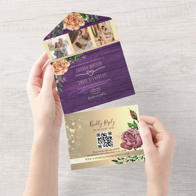 Rustic Floral Purple Wedding All In One Invitation (Tearaway)