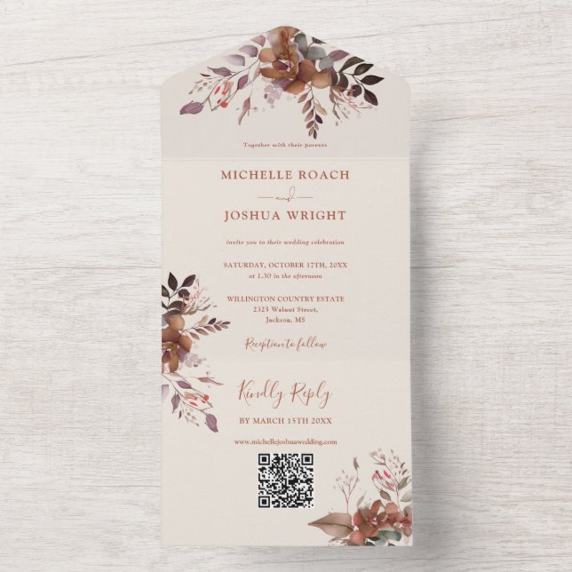 Rustic Floral QR Code Autumn Fall Wedding All In One Invitation (Inside)